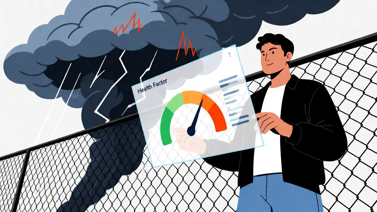 DeFi user monitoring health factor gauge amid volatile market conditions.