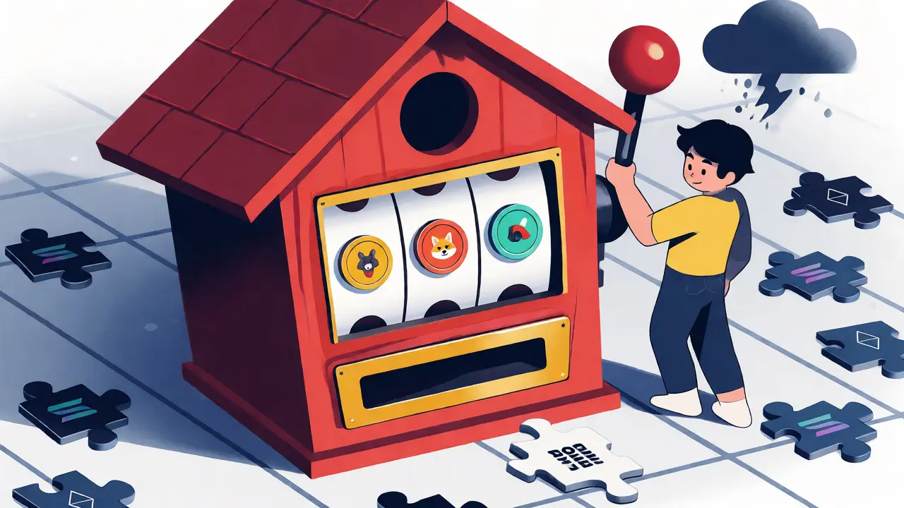 Dog-shaped slot machine dispensing crypto tokens for staking