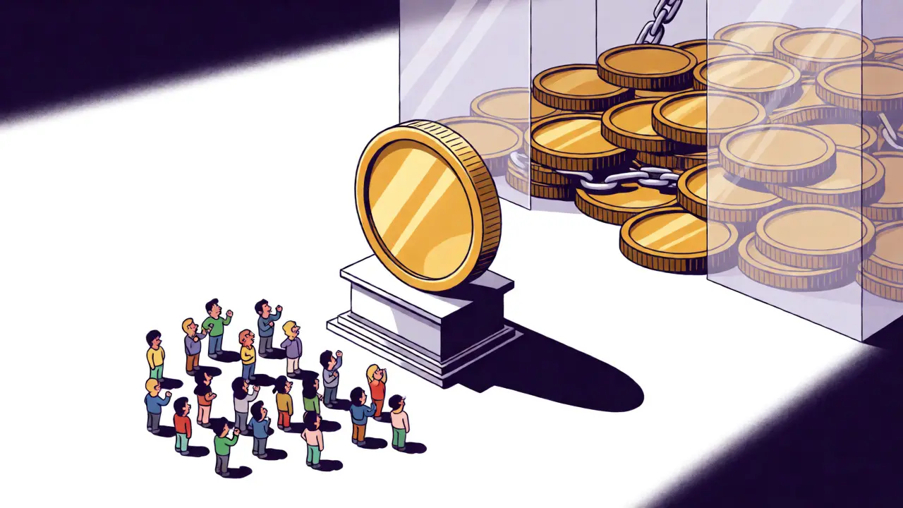 Editorial art showing a large golden coin on a pedestal with locked coins behind glass.