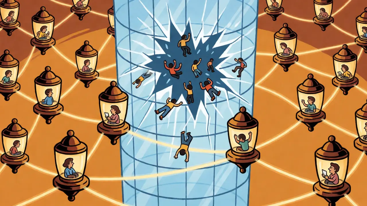 Editorial cartoon contrasting a crumbling central server tower with a strong, interconnected network of nodes.