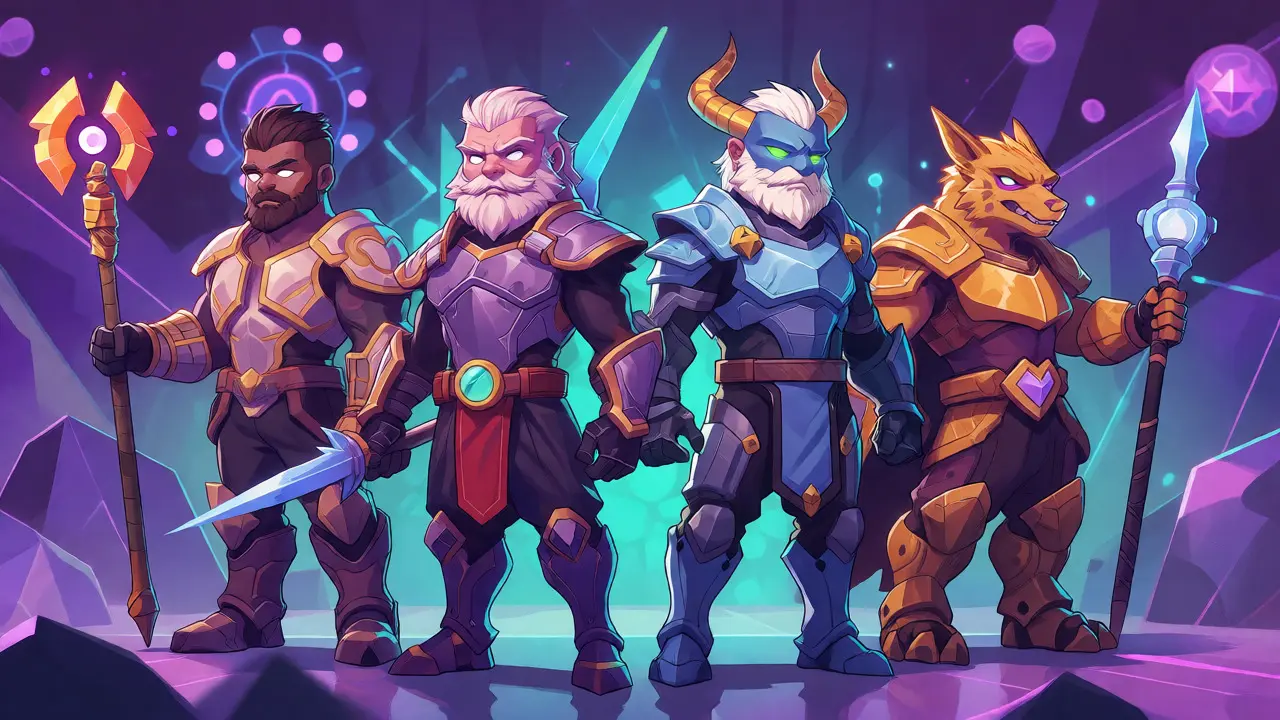 Four distinct fantasy hero characters from the Genesis Heroes NFT collection standing together.