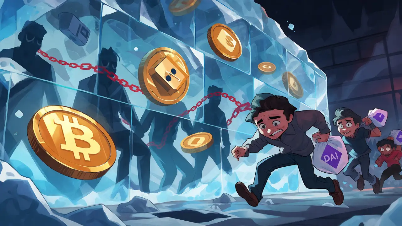 Frozen digital assets trapped in ice representing the Tether freeze affecting Iranian wallets.