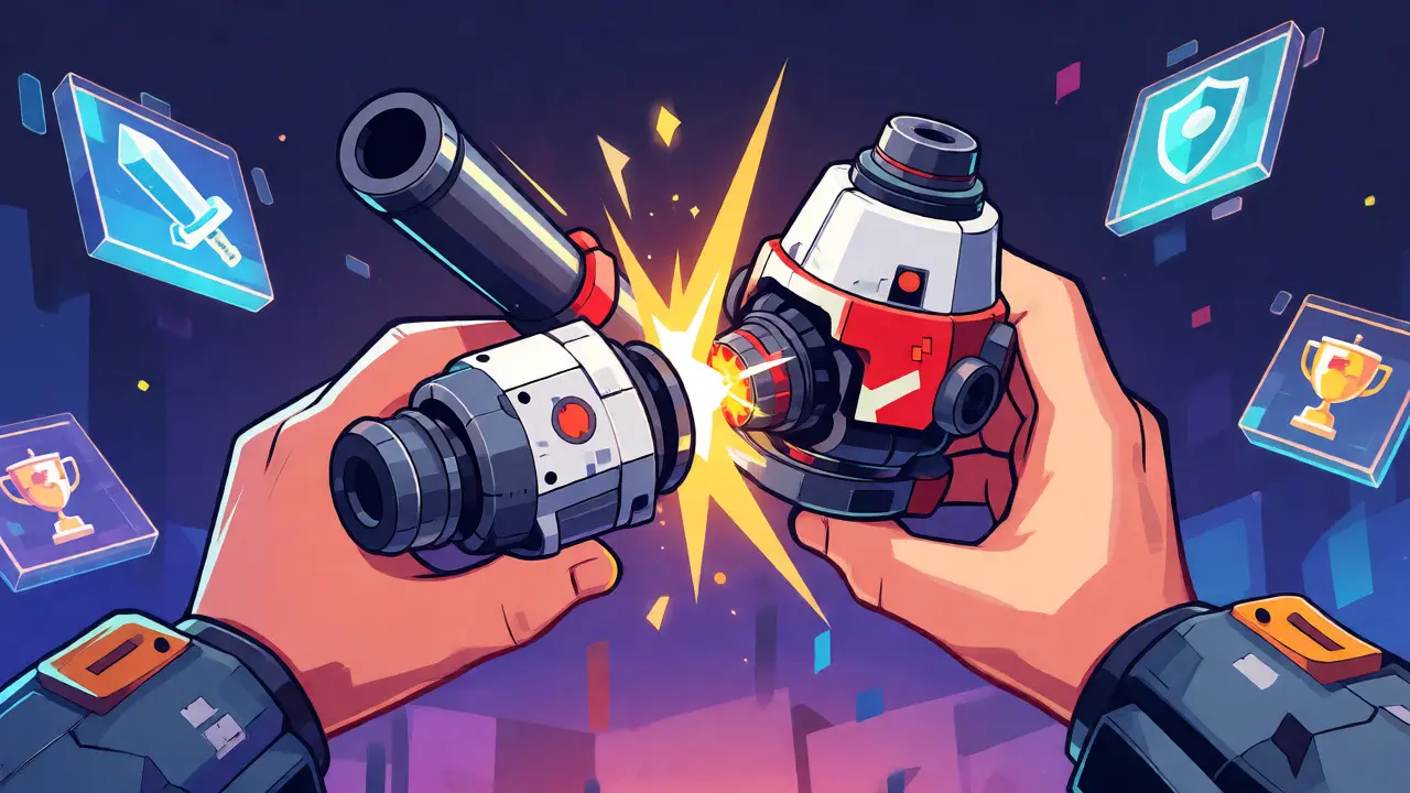 Hands fusing robot parts in colorful cartoon style