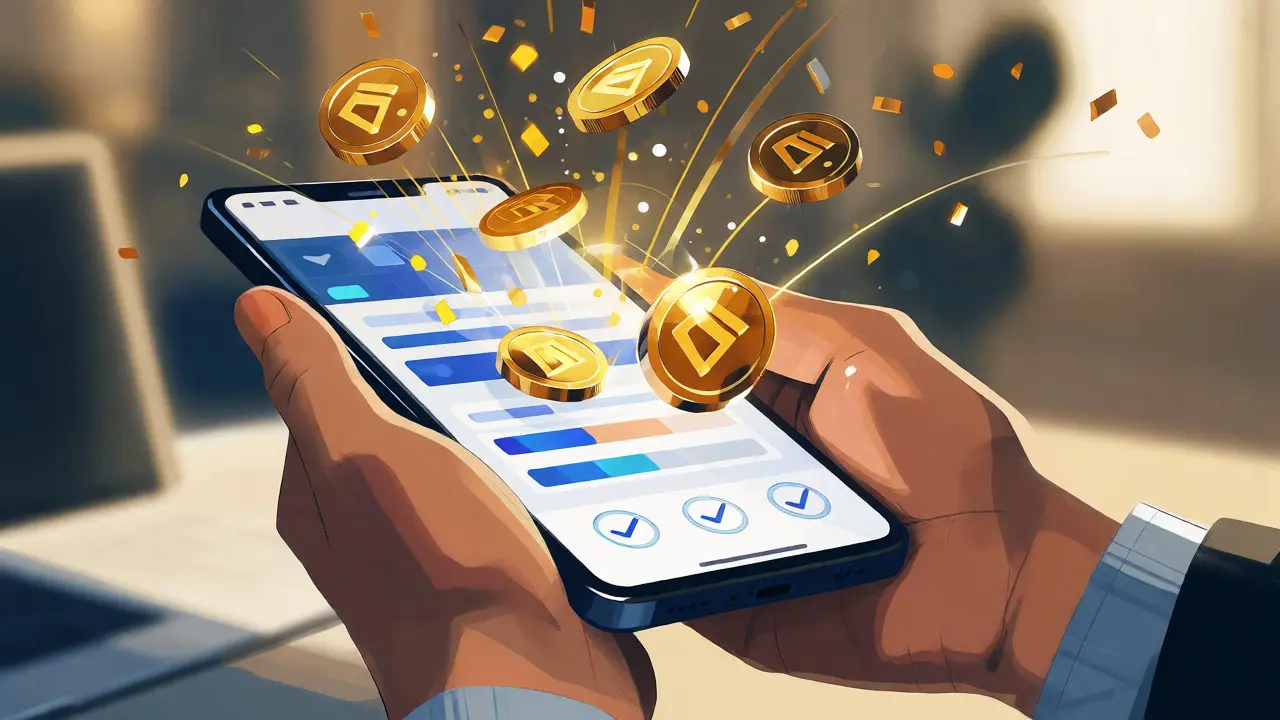 Hands holding a device as golden tokens burst out, symbolizing a claimed airdrop reward.