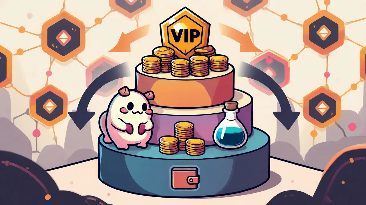 Illustrated pyramid showing three tiers of RACA airdrop rewards including badges and NFTs
