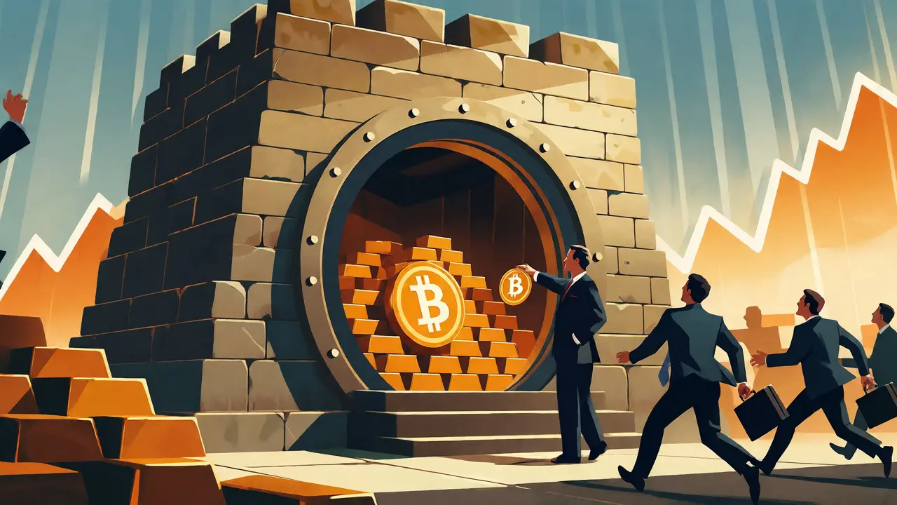 Illustration of a national vault filled with Bitcoin attracting institutional investors