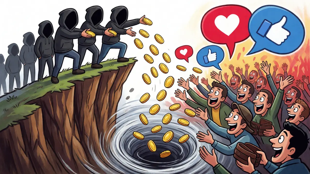 Insiders dump tokens from a cliff as retail investors scramble to catch them.