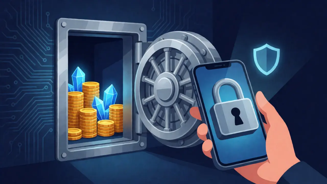 Open digital vault containing gold and crystals, protected by a floating padlock and shield.
