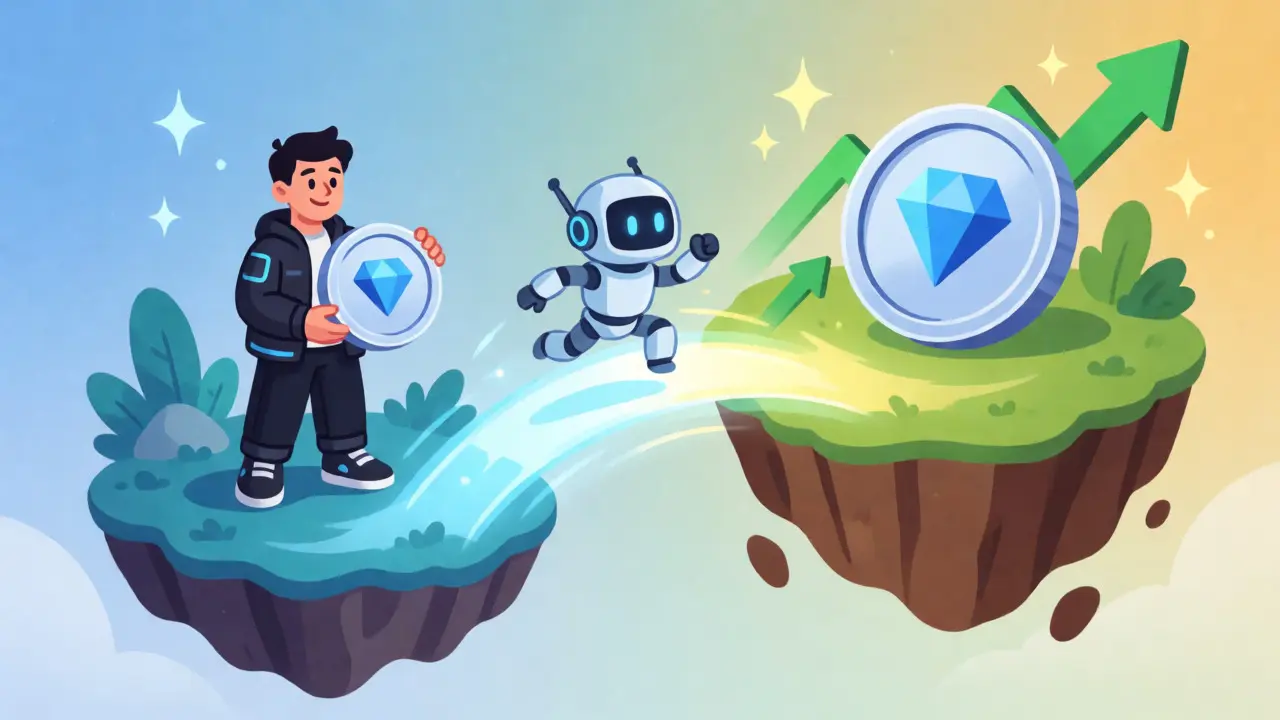 Robot character performing arbitrage swap between two floating exchange islands