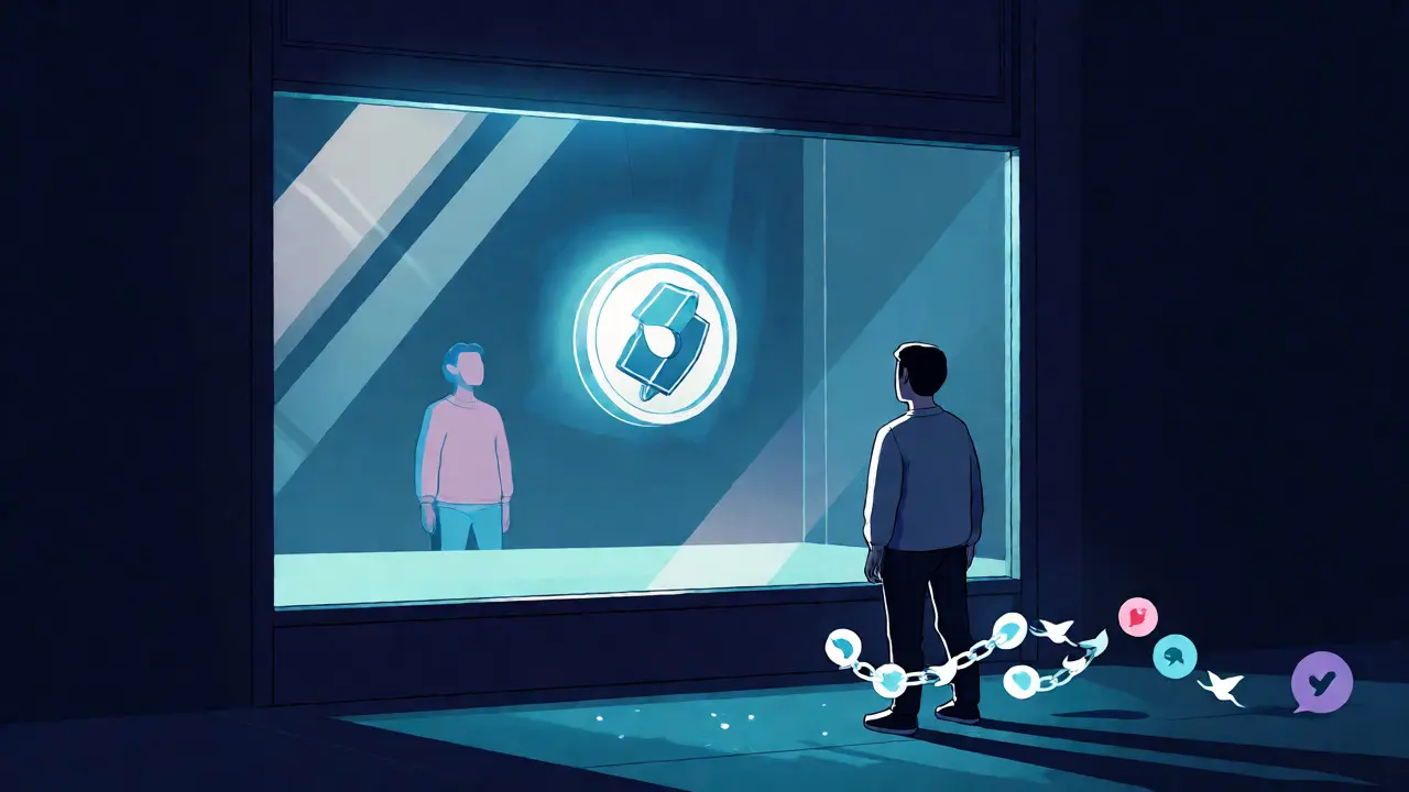 Small figure chained to social media icons facing an empty store with one glowing token.