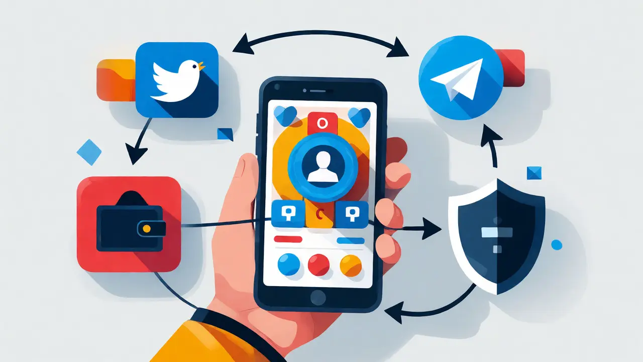 Smartphone displaying game interface connected to social media and wallet icons