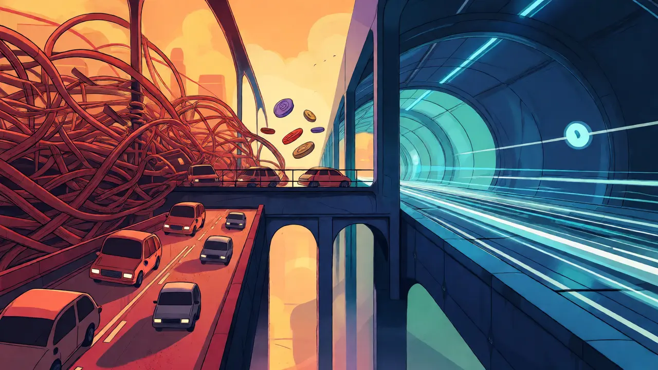 Split scene comparing congested mainnet traffic with the fast, efficient Metis L2 tunnel.