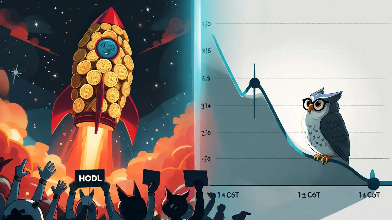 Split scene comparing crypto hype rocket with bearish market chart