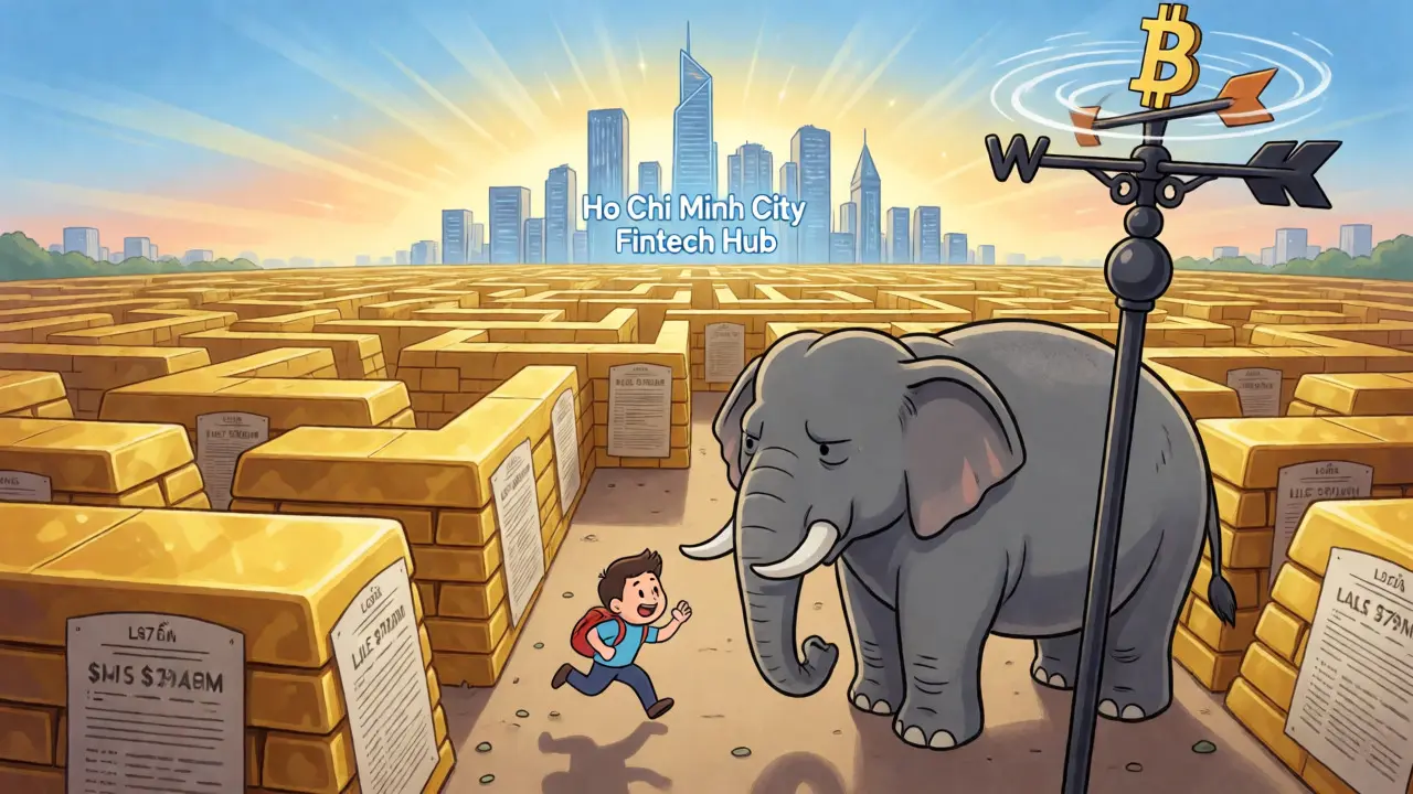 Startup navigating a maze of regulations while a large bank elephant waits outside.
