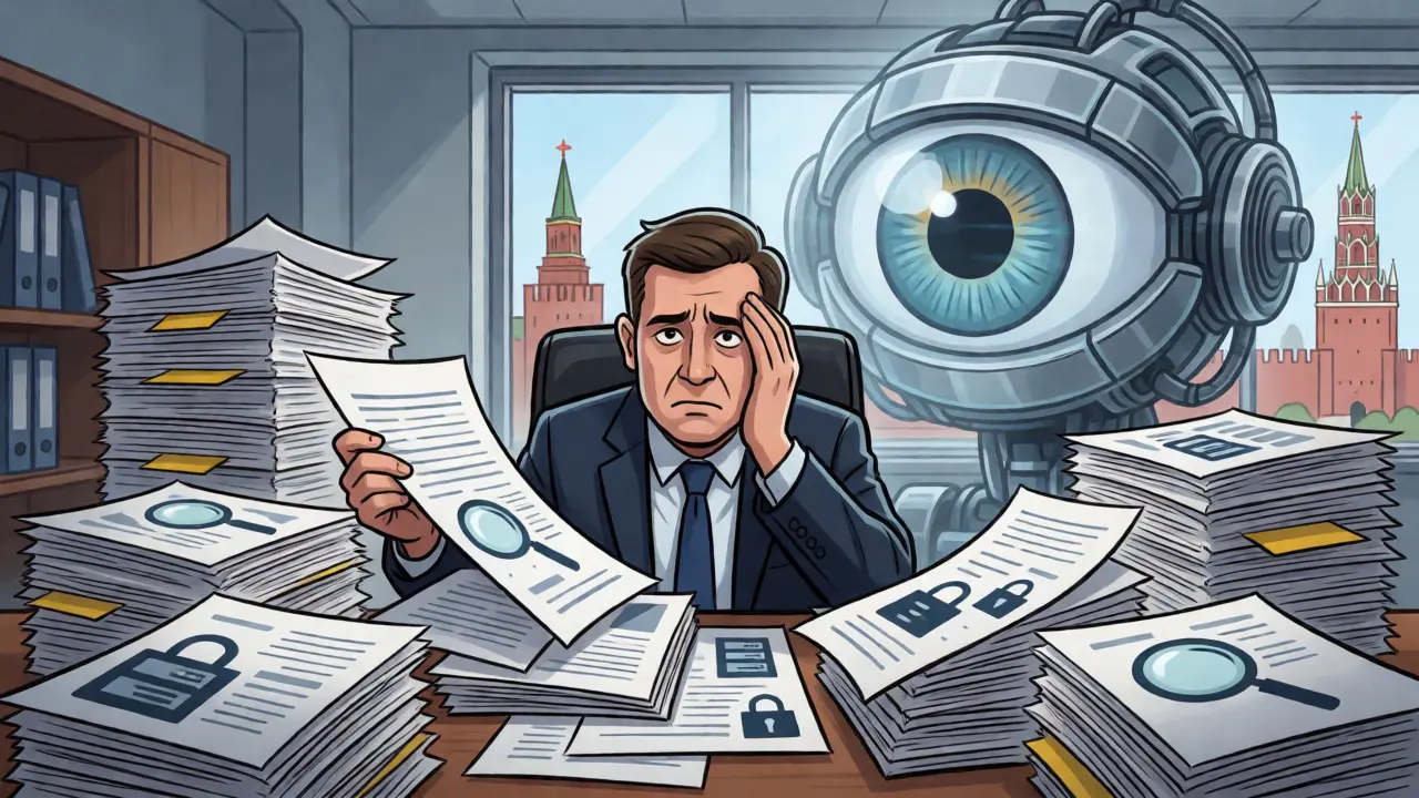 Stressed businessman surrounded by paperwork under a giant surveillance eye