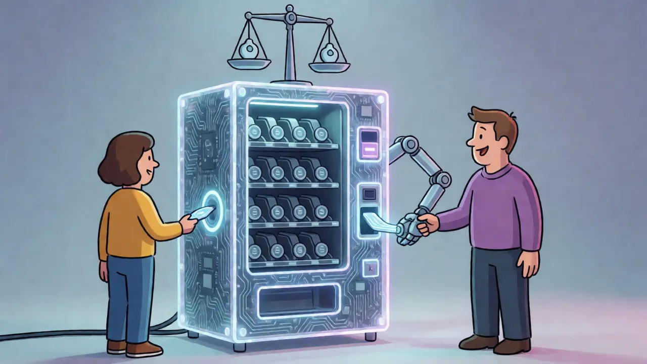 Stylized drawing of a smart contract depicted as an automated vending machine executing transactions impartially.