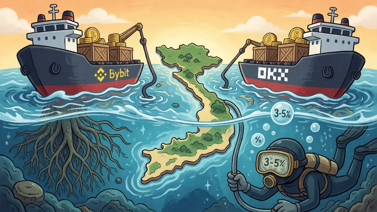 Surreal map of Vietnam with offshore ships above and tangled financial roots below.