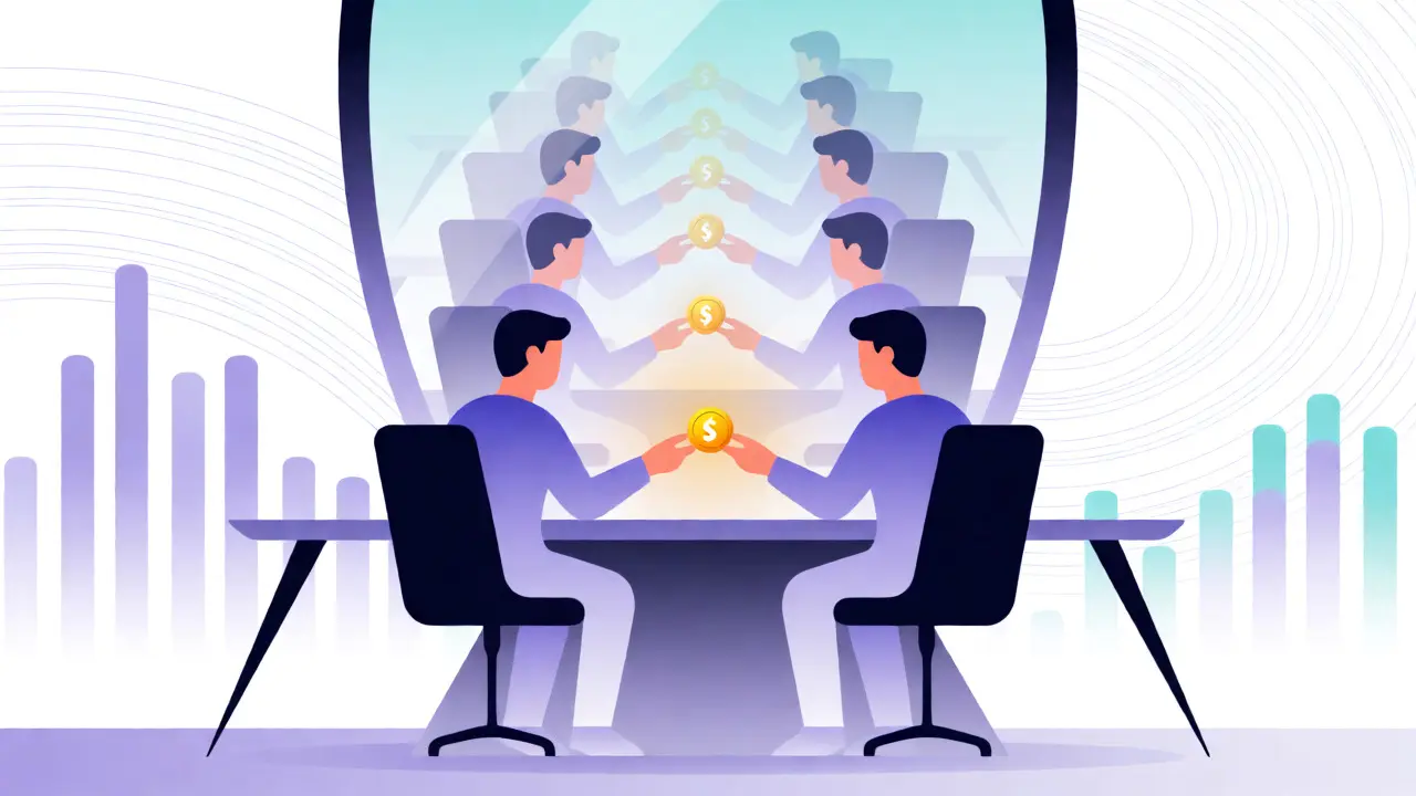 Two ghostly traders pass a token in a loop, reflecting fake volume in a mirror.