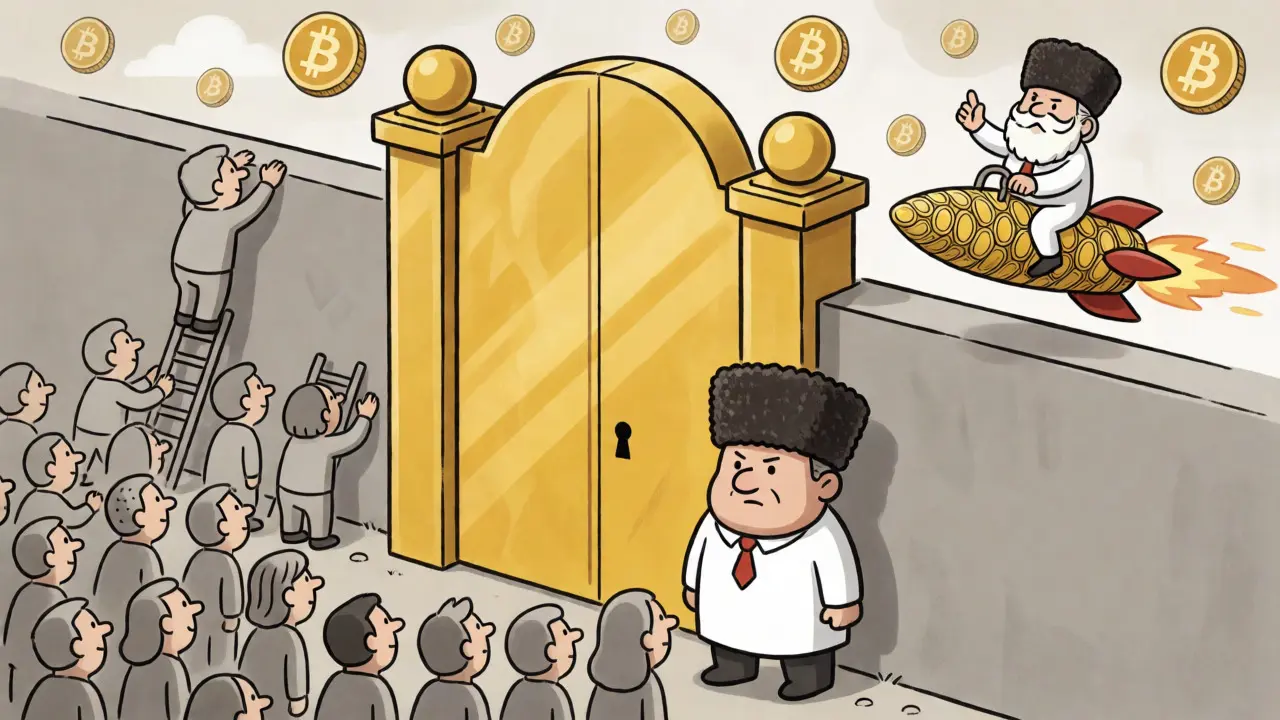 Wealthy investor crossing a high financial barrier while regular people watch from below