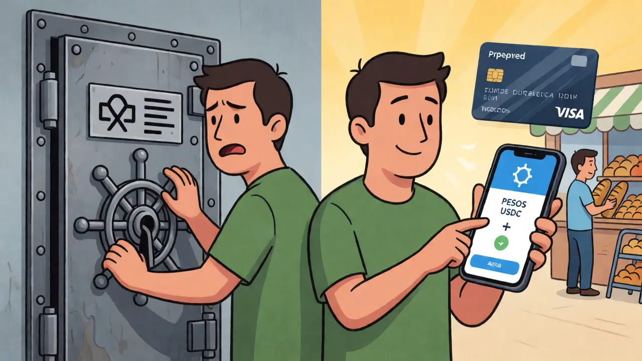 Worker using a mobile app to convert pesos to dollars, bypassing bank restrictions.