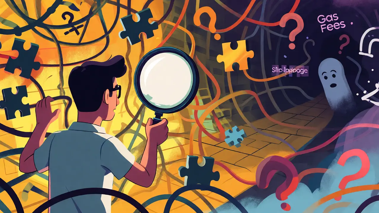 A confused trader navigating a maze of missing information and unclear technical details.