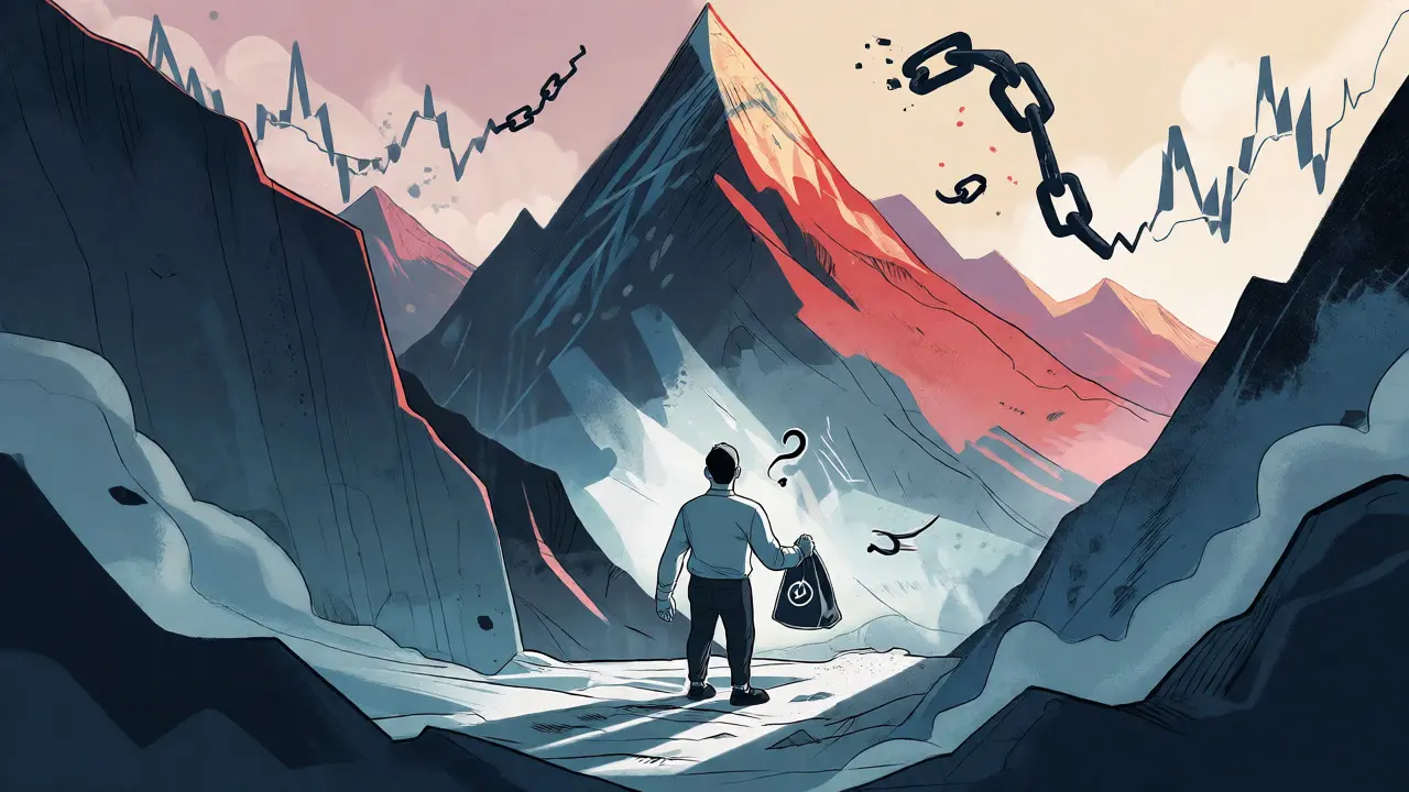 An investor standing in a deep valley looking up at a high peak, symbolizing KOI token volatility.