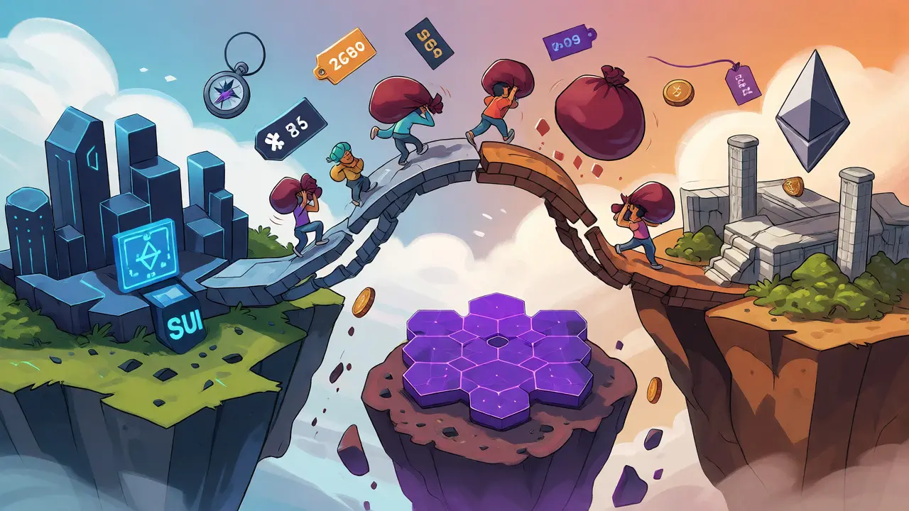 Characters crossing fragmented bridges between different blockchain islands