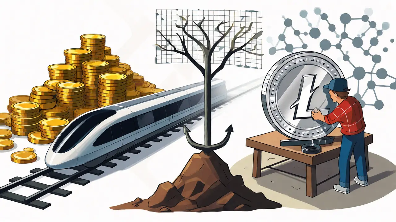 Contrasting illustrations of Ripple's instant settlement and Litecoin's accessible mining origins.