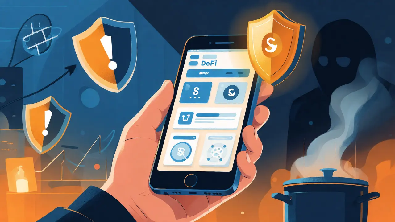 Hand holding phone with security shields and fee warnings