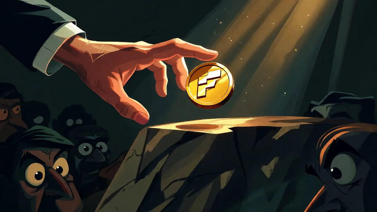 Hand reaching for a gold coin over a dark cliff with lurking scam shadows in cartoon style
