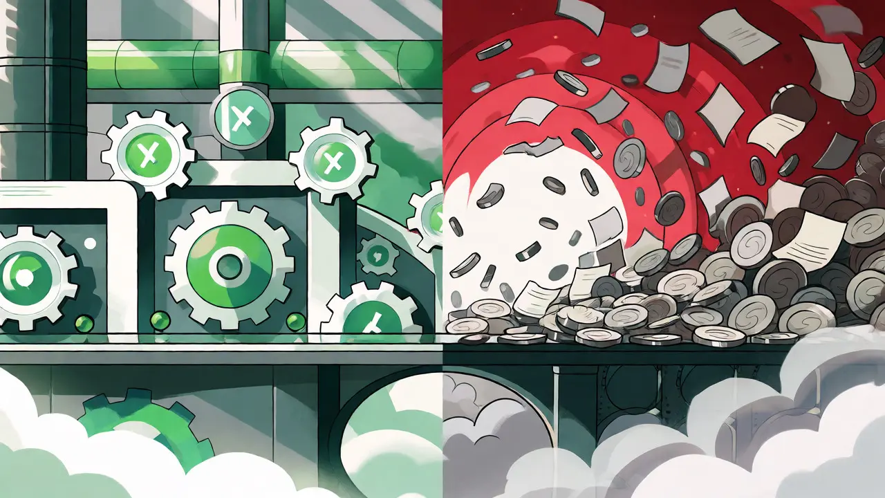 Split scene comparing orderly crypto structures with chaotic speculative token environments