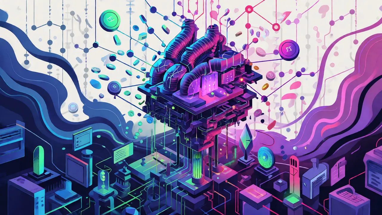 Stylized depiction of Ethereum's genesis block initializing a complex smart contract ecosystem.