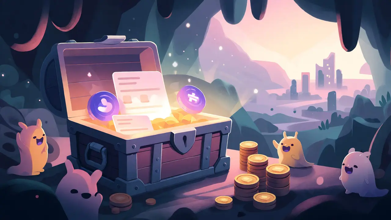 Treasure chest containing certificates surrounded by coin-stacking creatures